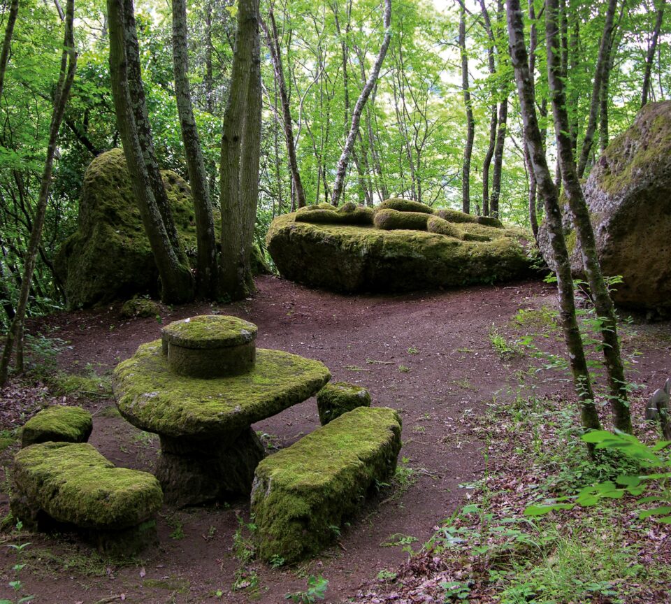 Immerso in un sereno ambiente boschivo, un tavolo di pietra ricoperto di muschio e delle panche invitano alla riflessione. Grandi massi ricoperti di muschio si ergono come sentinelle sullo sfondo, riecheggiando antichi racconti: una scena tranquilla, lontana dalle frenetiche notizie di Roma.