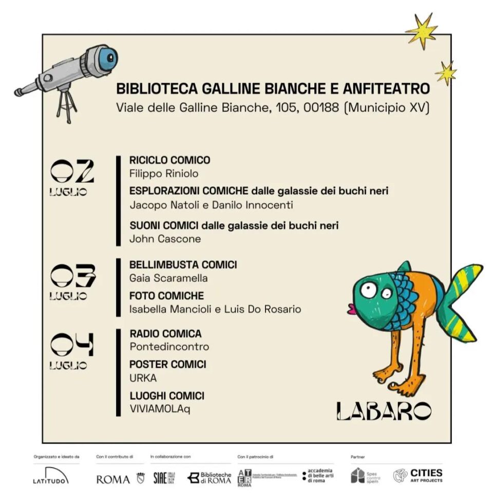 Manifesto dell'evento con illustrazione di un telescopio, che mette in risalto gli eventi comici dal 2 al 4 luglio alla Biblioteca Galline Bianche. Scoprite la risata attraverso artisti e attività, oltre a coinvolgenti laboratori per tutte le età.