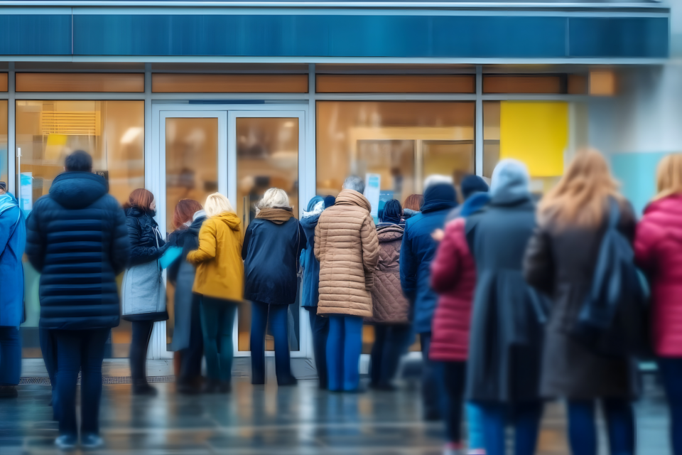 Un gruppo di persone in abiti invernali è in coda fuori da un edificio con porte a vetri, forse in attesa delle ultime novità su La Sentinella Web News Roma.