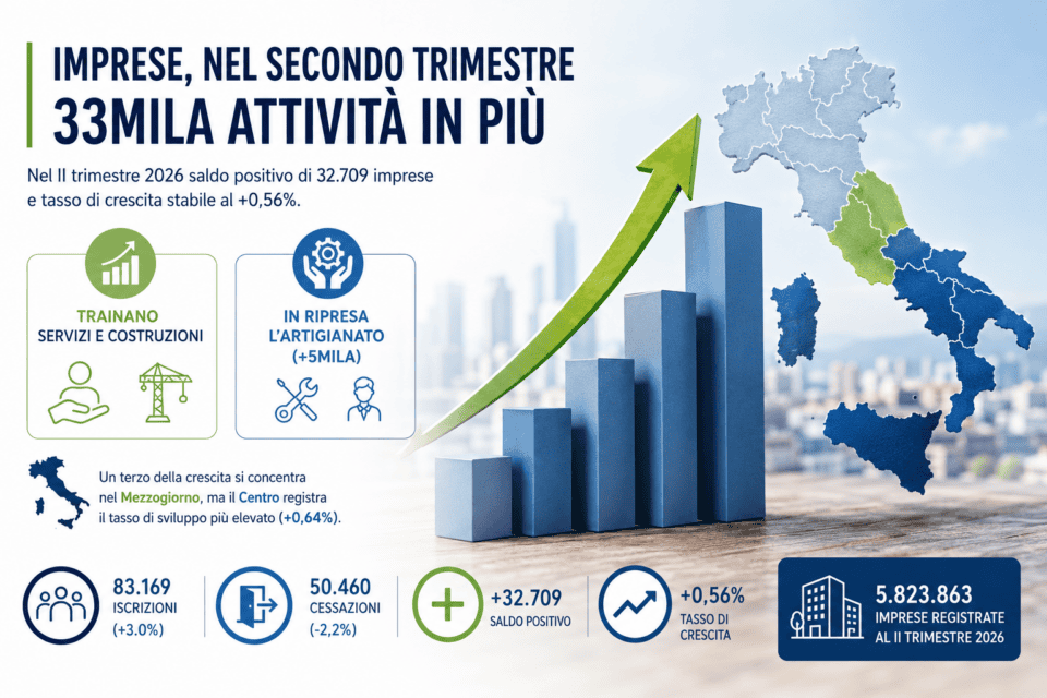 Imprese, nel secondo trimestre 33mila attività in più